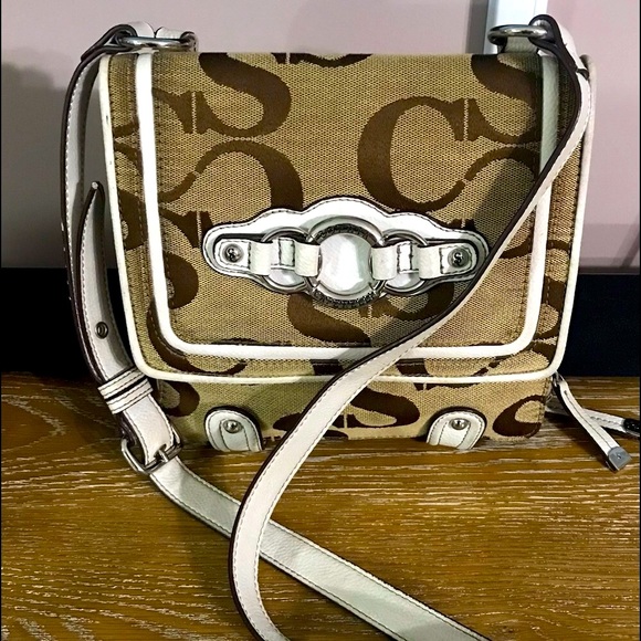 EUC Sophia Caperelli Signature Brown/White Canvas & Leather Crossbody Bag Purse - Picture 1 of 11